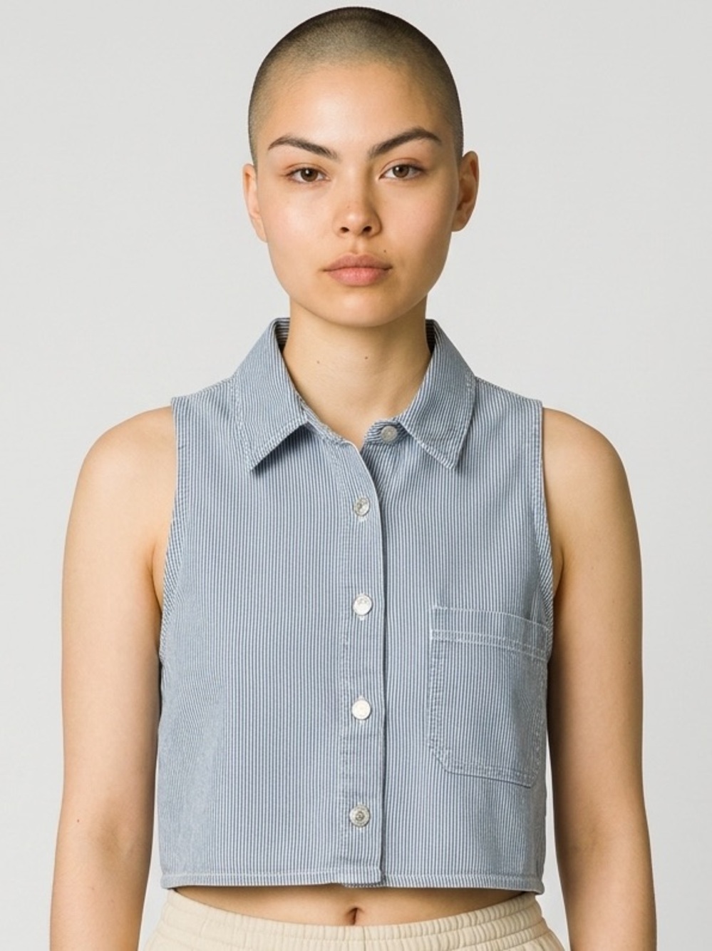 Pull&Bear Blue and White Pinstripe Sleeveless Button Crop Top Vest Medium